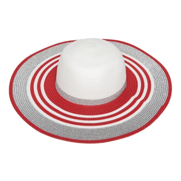 Red, white & silver floppy straw hat main image 7